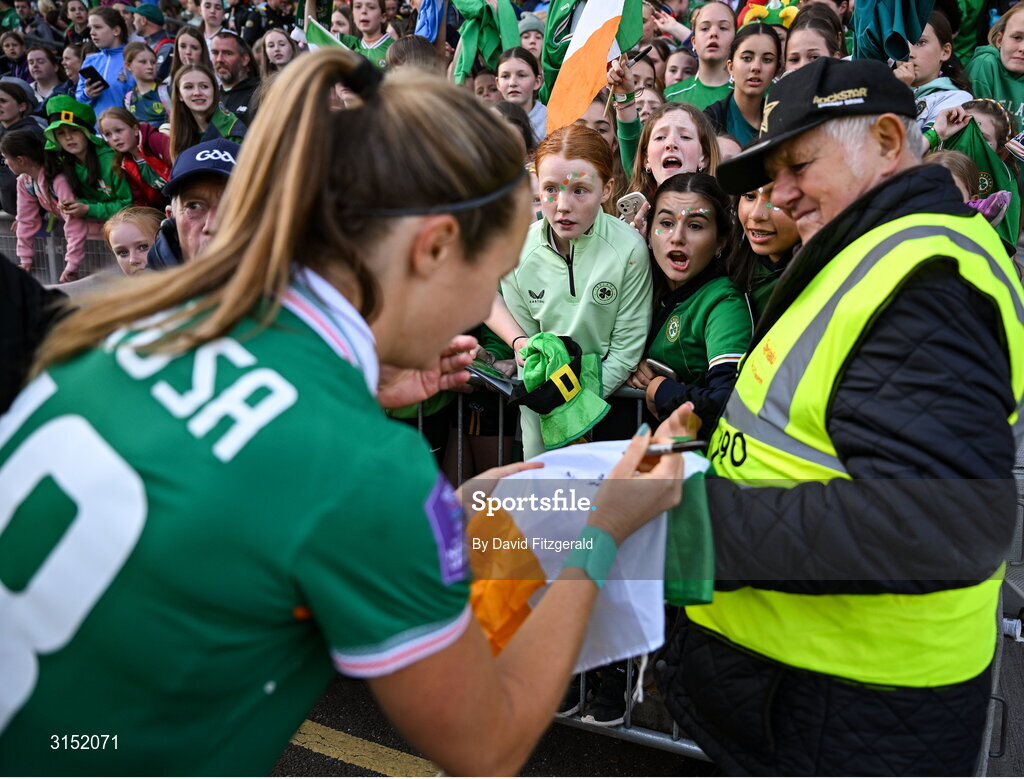 3 June 2025; Kyra Carusa of Republic of Ireland signs autographs after the UEFA Women's Nations League, League B match between Republic of Ireland and Slovenia at Páirc Uí Chaoimh in Cork. Photo by David Fitzgerald/Sportsfile