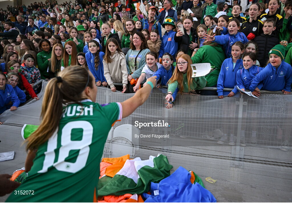 3 June 2025; Kyra Carusa of Republic of Ireland with supporters after the UEFA Women's Nations League, League B match between Republic of Ireland and Slovenia at Páirc Uí Chaoimh in Cork. Photo by David Fitzgerald/Sportsfile
