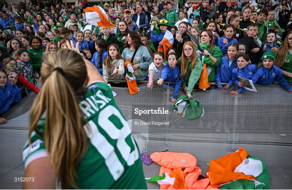 3 June 2025; Kyra Carusa of Republic of Ireland with supporters after the UEFA Women's Nations League, League B match between Republic of Ireland and Slovenia at Páirc Uí Chaoimh in Cork. Photo by David Fitzgerald/Sportsfile