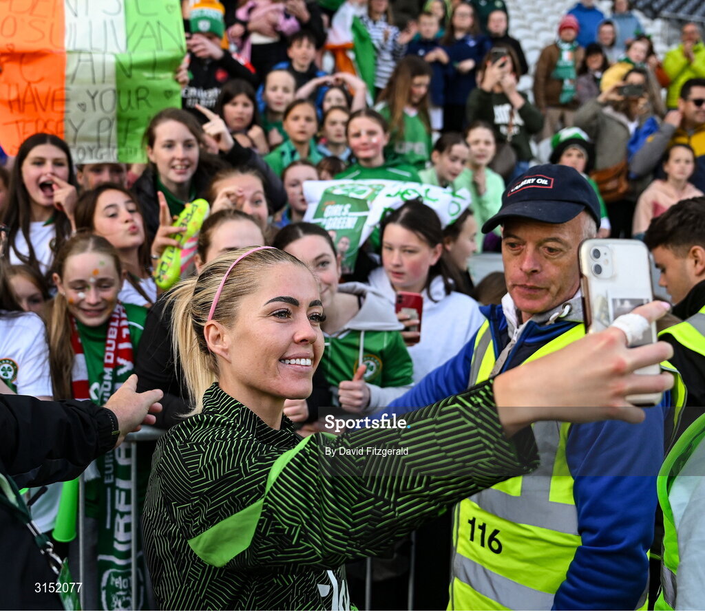 3 June 2025; Denise O'Sullivan of Republic of Ireland with supporters after the UEFA Women's Nations League, League B match between Republic of Ireland and Slovenia at Páirc Uí Chaoimh in Cork. Photo by David Fitzgerald/Sportsfile