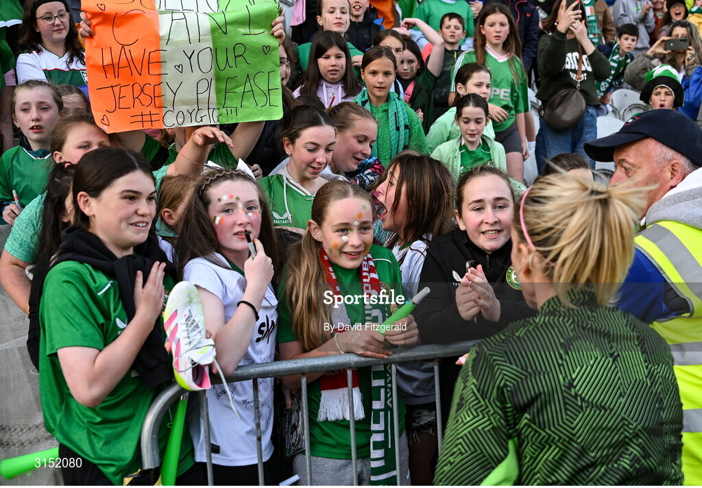 3 June 2025; Denise O'Sullivan of Republic of Ireland with supporters after the UEFA Women's Nations League, League B match between Republic of Ireland and Slovenia at Páirc Uí Chaoimh in Cork. Photo by David Fitzgerald/Sportsfile