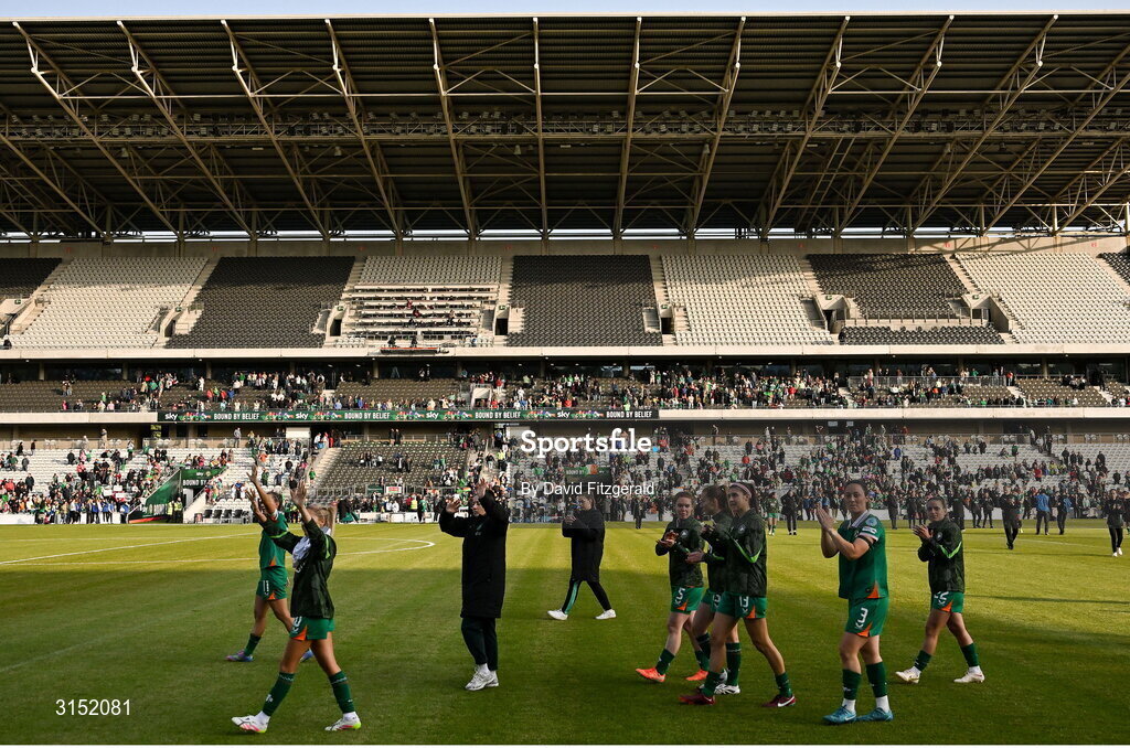 3 June 2025; Republic of Ireland players applaud supporters after the UEFA Women's Nations League, League B match between Republic of Ireland and Slovenia at Páirc Uí Chaoimh in Cork. Photo by David Fitzgerald/Sportsfile