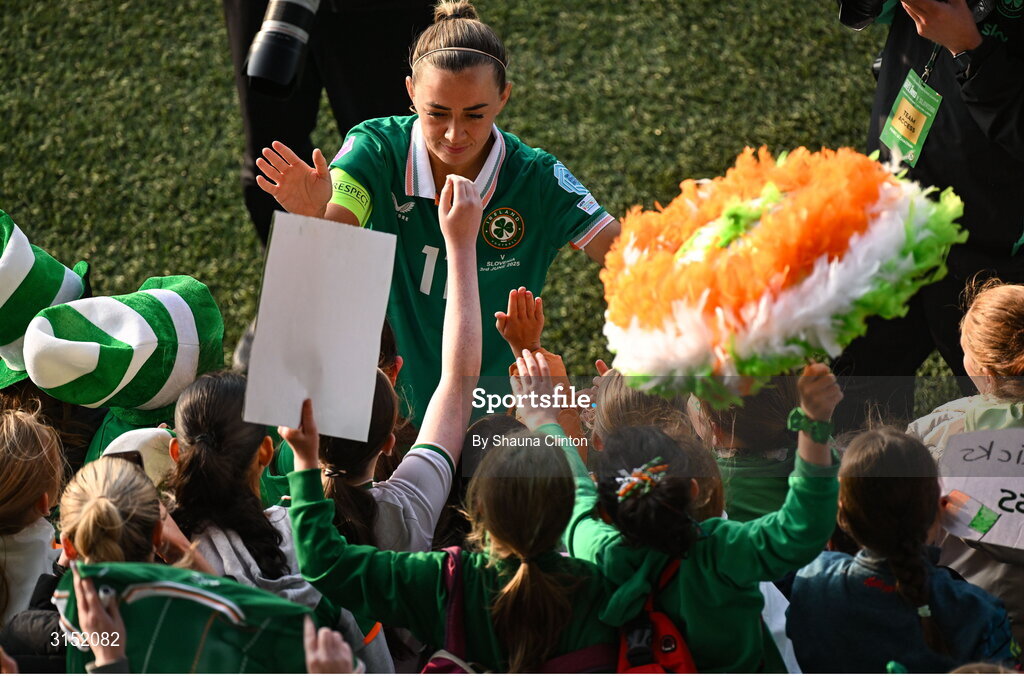 3 June 2025; Republic of Ireland captain Katie McCabe with supporters after the UEFA Women's Nations League, League B match between Republic of Ireland and Slovenia at Páirc Uí Chaoimh in Cork. Photo by Shauna Clinton/Sportsfile