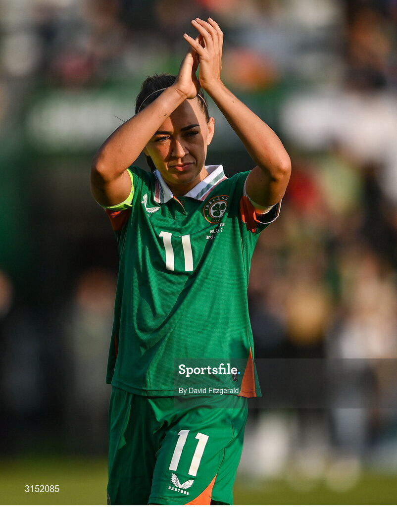3 June 2025; Republic of Ireland captain Katie McCabe applauds supporters after the UEFA Women's Nations League, League B match between Republic of Ireland and Slovenia at Páirc Uí Chaoimh in Cork. Photo by David Fitzgerald/Sportsfile