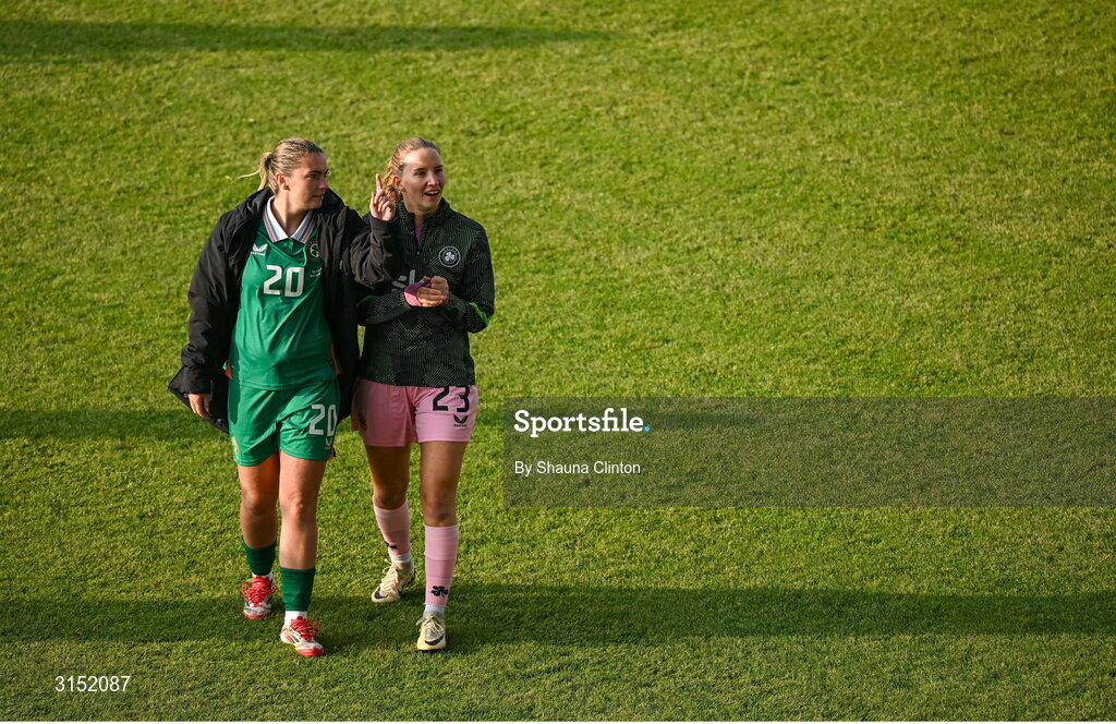 3 June 2025; Saoirse Noonan, left, and Sophie Whitehouse of Republic of Ireland after the UEFA Women's Nations League, League B match between Republic of Ireland and Slovenia at Páirc Uí Chaoimh in Cork. Photo by Shauna Clinton/Sportsfile