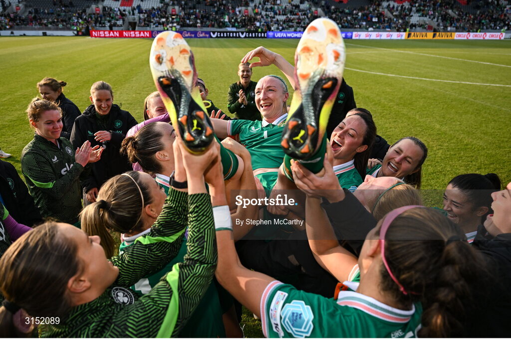 3 June 2025; Louise Quinn of Republic of Ireland is thrown in the air by her teammates, on the occasion of her last international game, after the UEFA Women's Nations League, League B match between Republic of Ireland and Slovenia at Páirc Uí Chaoimh in Cork. Photo by Stephen McCarthy/Sportsfile