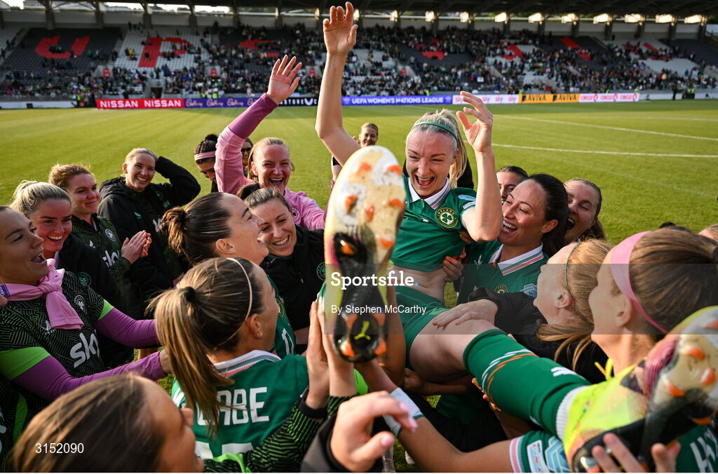3 June 2025; Louise Quinn of Republic of Ireland is thrown in the air by her teammates, on the occasion of her last international game, after the UEFA Women's Nations League, League B match between Republic of Ireland and Slovenia at Páirc Uí Chaoimh in Cork. Photo by Stephen McCarthy/Sportsfile