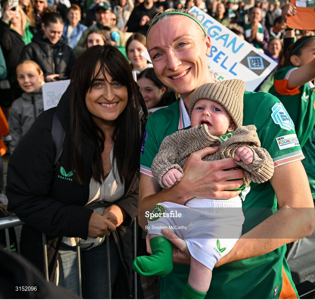 3 June 2025; Louise Quinn of Republic of Ireland with her partner Eilish O'Gara and son Darragh, on the occasion of her last international game, after the UEFA Women's Nations League, League B match between Republic of Ireland and Slovenia at Páirc Uí Chaoimh in Cork. Photo by Stephen McCarthy/Sportsfile