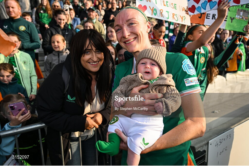 3 June 2025; Louise Quinn of Republic of Ireland with her partner Eilish O'Gara and son Darragh, on the occasion of her last international game, after the UEFA Women's Nations League, League B match between Republic of Ireland and Slovenia at Páirc Uí Chaoimh in Cork. Photo by Stephen McCarthy/Sportsfile