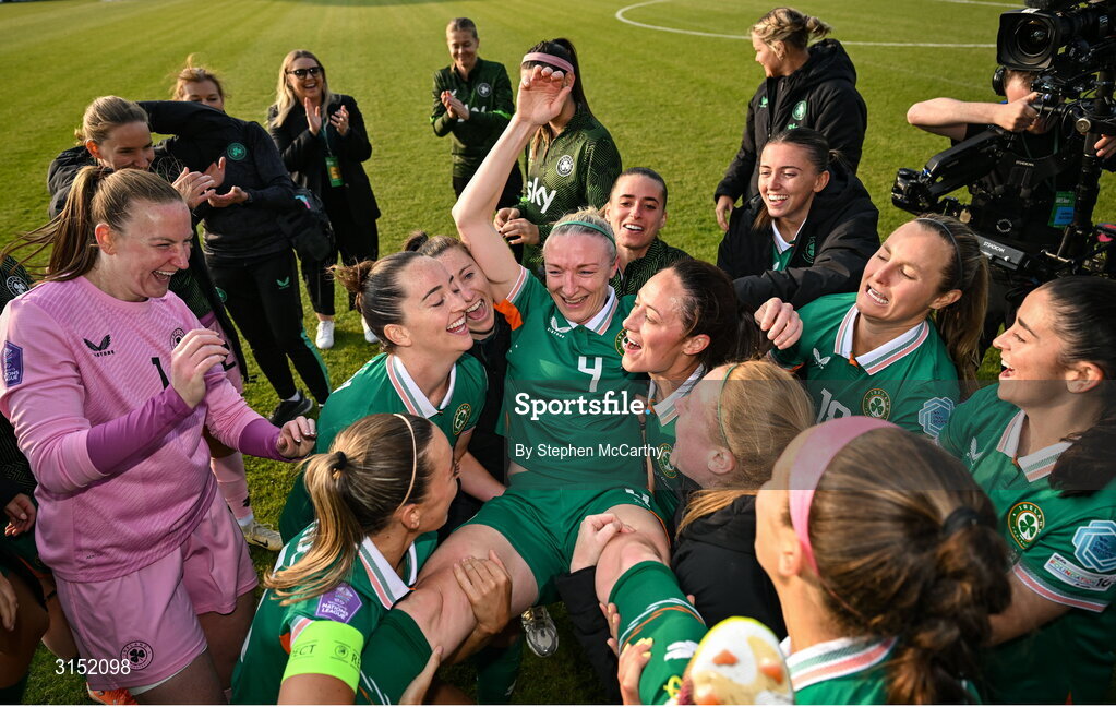 3 June 2025; Louise Quinn of Republic of Ireland is thrown in the air by her teammates, on the occasion of her last international game, after the UEFA Women's Nations League, League B match between Republic of Ireland and Slovenia at Páirc Uí Chaoimh in Cork. Photo by Stephen McCarthy/Sportsfile