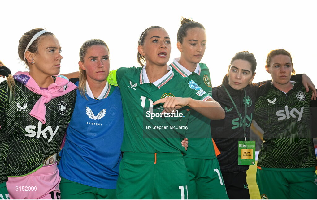 3 June 2025; Republic of Ireland captain Katie McCabe, centre, speaks to her teammates after the UEFA Women's Nations League, League B match between Republic of Ireland and Slovenia at Páirc Uí Chaoimh in Cork. Photo by Stephen McCarthy/Sportsfile