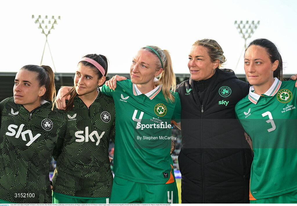 3 June 2025; Louise Quinn of Republic of Ireland, 4, with, from left, Chloe Mustaki, Erin Healy, goalkeeping coach Emma Byrne and Megan Campbell after the UEFA Women's Nations League, League B match between Republic of Ireland and Slovenia at Páirc Uí Chaoimh in Cork. Photo by Stephen McCarthy/Sportsfile