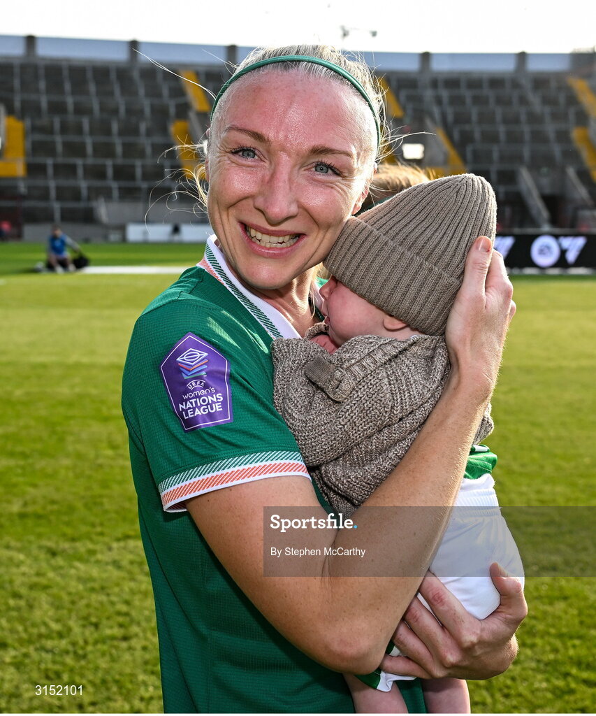 3 June 2025; Louise Quinn of Republic of Ireland with her son Darragh, on the occasion of her last international game, after the UEFA Women's Nations League, League B match between Republic of Ireland and Slovenia at Páirc Uí Chaoimh in Cork. Photo by Stephen McCarthy/Sportsfile