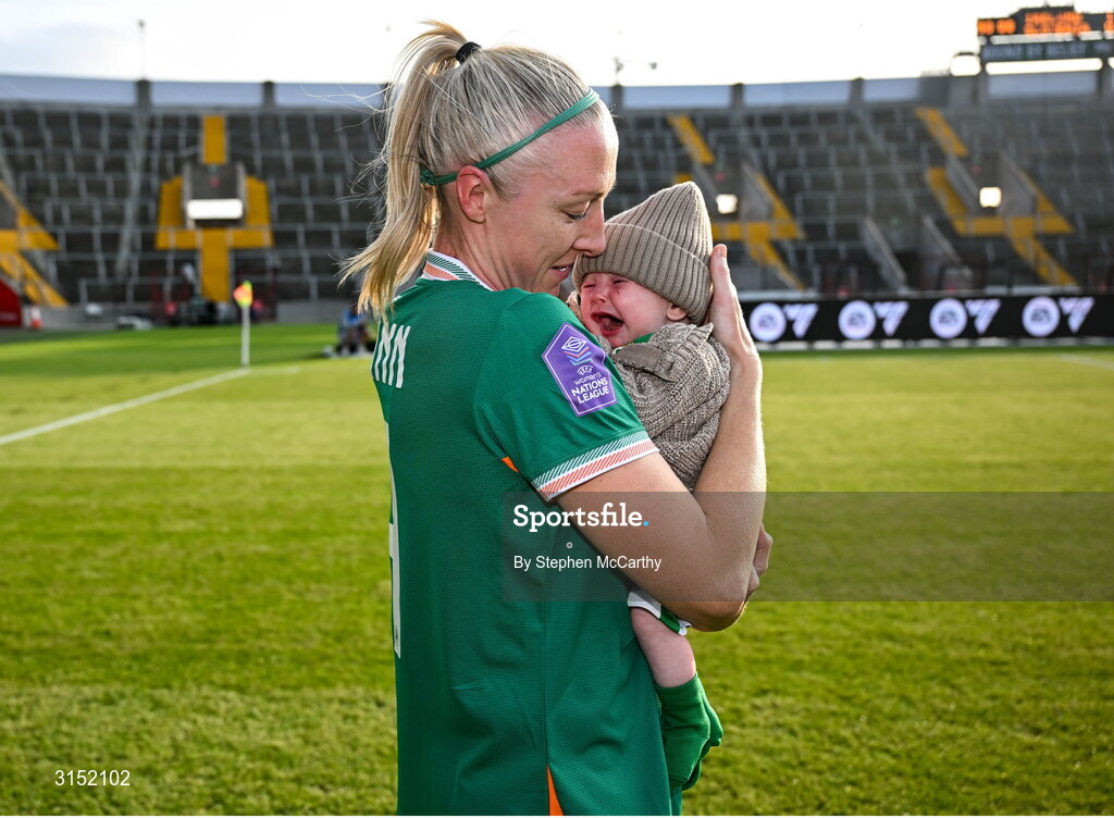 3 June 2025; Louise Quinn of Republic of Ireland with her son Darragh, on the occasion of her last international game, after the UEFA Women's Nations League, League B match between Republic of Ireland and Slovenia at Páirc Uí Chaoimh in Cork. Photo by Stephen McCarthy/Sportsfile