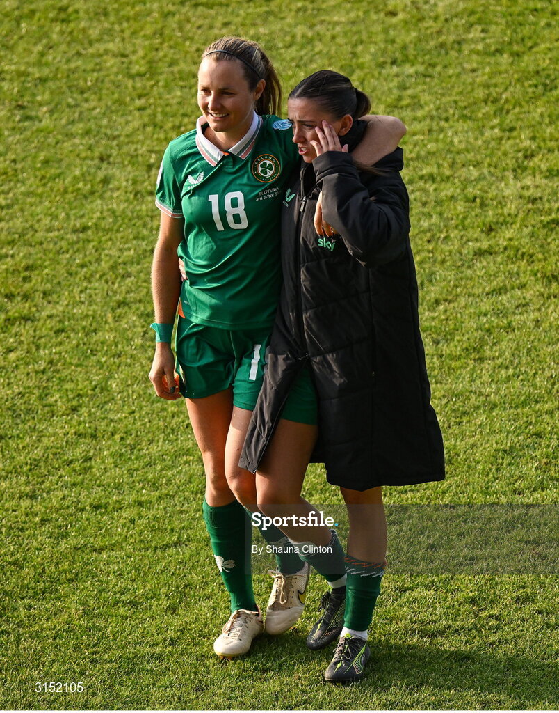 3 June 2025; Kyra Carusa, left, and Abbie Larkin of Republic of Ireland after the UEFA Women's Nations League, League B match between Republic of Ireland and Slovenia at Páirc Uí Chaoimh in Cork. Photo by Shauna Clinton/Sportsfile