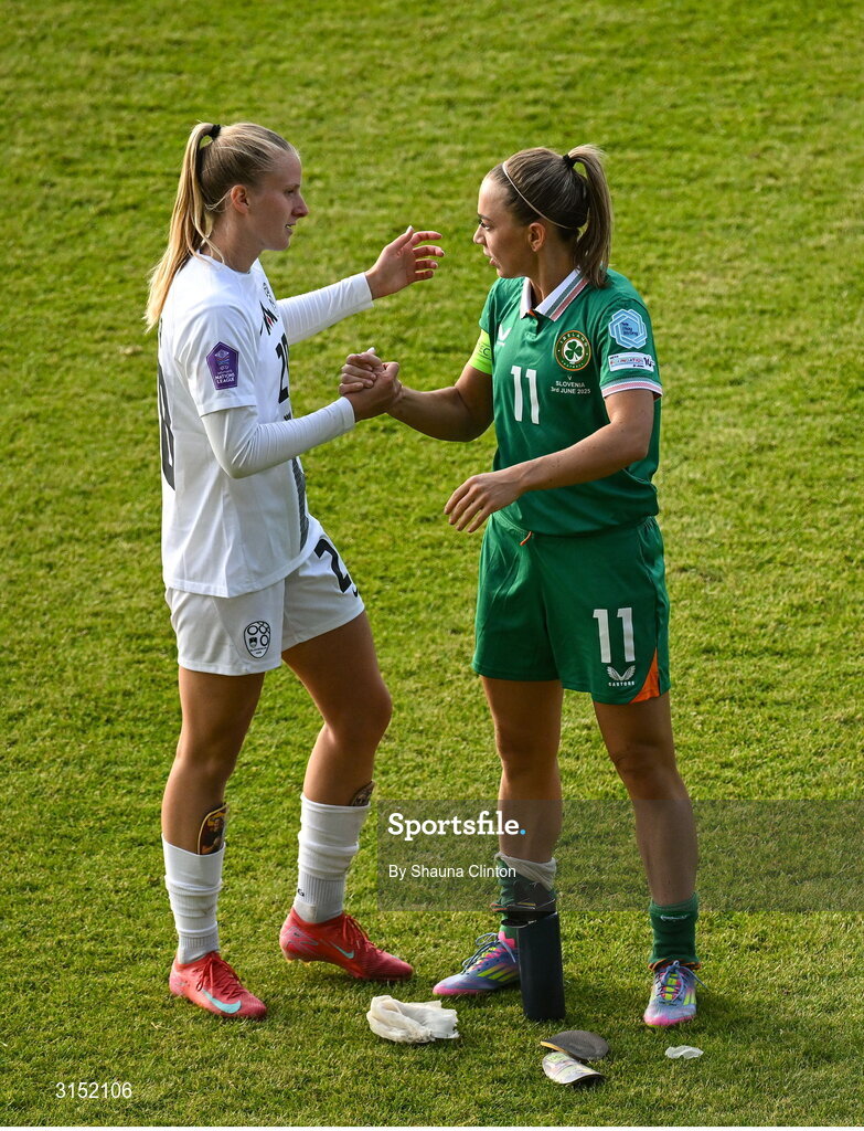 3 June 2025; Zara Kramžar of Slovenia and Katie McCabe of Republic of Ireland after the UEFA Women's Nations League, League B match between Republic of Ireland and Slovenia at Páirc Uí Chaoimh in Cork. Photo by Shauna Clinton/Sportsfile