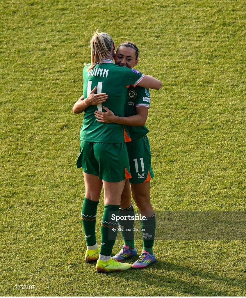 3 June 2025; Louise Quinn of Republic of Ireland, left, embrates captain Katie McCabe after the UEFA Women's Nations League, League B match between Republic of Ireland and Slovenia at Páirc Uí Chaoimh in Cork. Photo by Shauna Clinton/Sportsfile