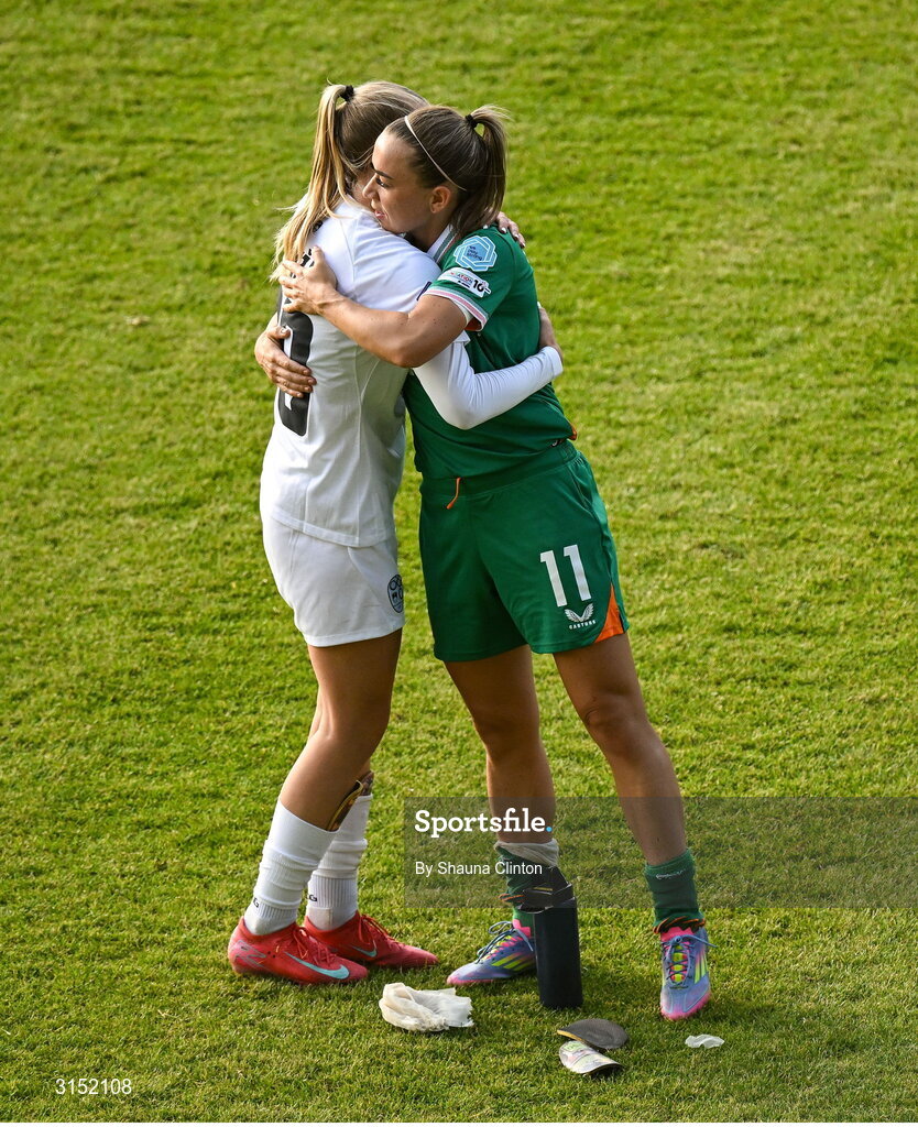 3 June 2025; Zara Kramžar of Slovenia, left, and Katie McCabe of Republic of Ireland after the UEFA Women's Nations League, League B match between Republic of Ireland and Slovenia at Páirc Uí Chaoimh in Cork. Photo by Shauna Clinton/Sportsfile