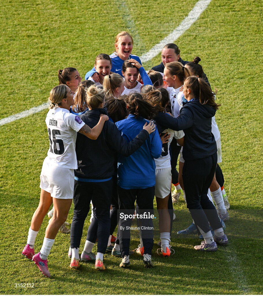 3 June 2025; The Slovenia team celebrate after the UEFA Women's Nations League, League B match between Republic of Ireland and Slovenia at Páirc Uí Chaoimh in Cork. Photo by Shauna Clinton/Sportsfile