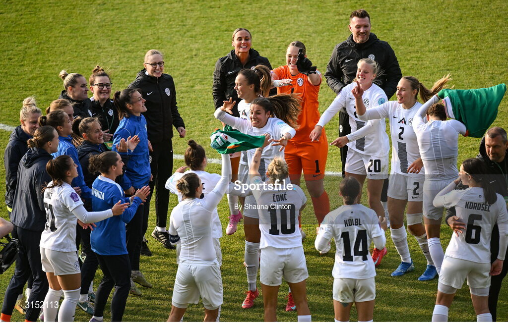 3 June 2025; The Slovenia team celebrate after the UEFA Women's Nations League, League B match between Republic of Ireland and Slovenia at Páirc Uí Chaoimh in Cork. Photo by Shauna Clinton/Sportsfile