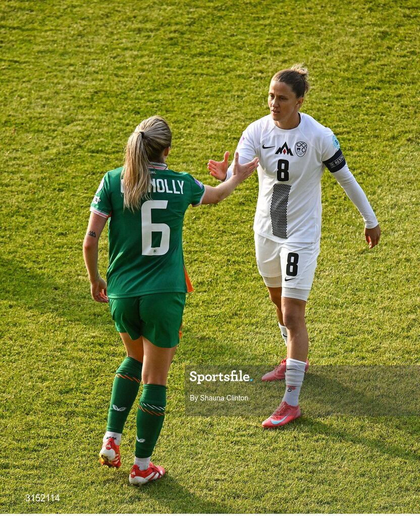 3 June 2025; Mateja Zver of Slovenia, right, shakes hands with Megan Connolly of Republic of Ireland after the UEFA Women's Nations League, League B match between Republic of Ireland and Slovenia at Páirc Uí Chaoimh in Cork. Photo by Shauna Clinton/Sportsfile