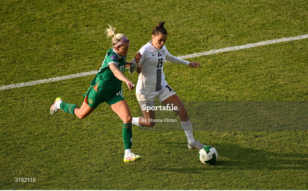 3 June 2025; Denise O'Sullivan of Republic of Ireland in action against Sara Makovec of Slovenia during the UEFA Women's Nations League, League B match between Republic of Ireland and Slovenia at Páirc Uí Chaoimh in Cork. Photo by Shauna Clinton/Sportsfile