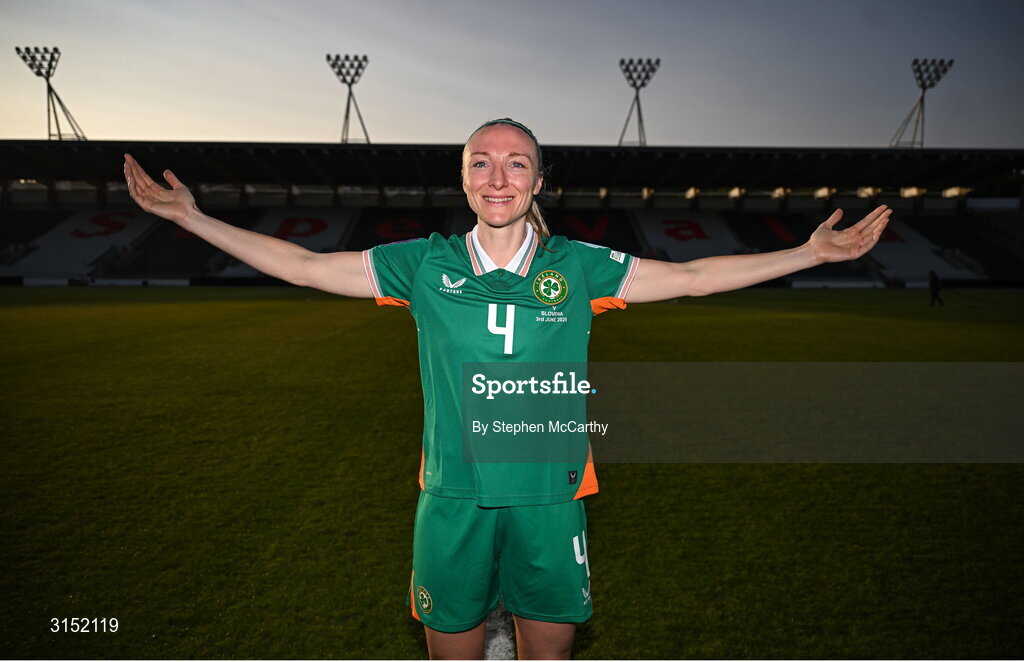 3 June 2025; Louise Quinn of Republic of Ireland, on the occasion of her last international game, after the UEFA Women's Nations League, League B match between Republic of Ireland and Slovenia at Páirc Uí Chaoimh in Cork. Photo by Stephen McCarthy/Sportsfile