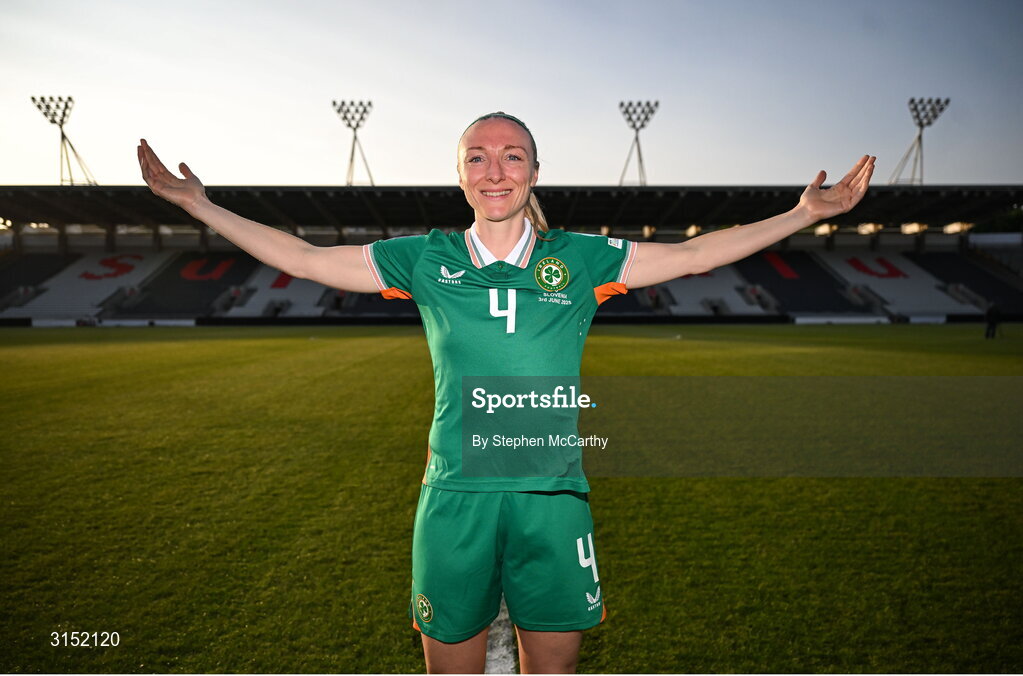 3 June 2025; Louise Quinn of Republic of Ireland, on the occasion of her last international game, after the UEFA Women's Nations League, League B match between Republic of Ireland and Slovenia at Páirc Uí Chaoimh in Cork. Photo by Stephen McCarthy/Sportsfile
