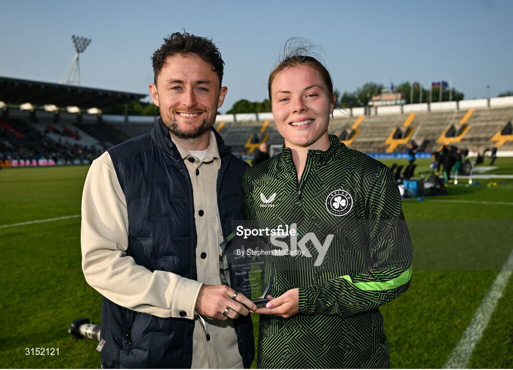 3 June 2025; Emily Murphy of Republic of Ireland is presented with the Sky Player of the Match by Dean Moore of Sky Ireland after the UEFA Women's Nations League, League B match between Republic of Ireland and Slovenia at Páirc Uí Chaoimh in Cork. Photo by Stephen McCarthy/Sportsfile