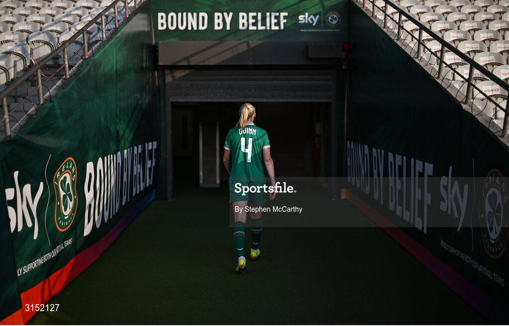 3 June 2025; Louise Quinn of Republic of Ireland leaves the pitch, on the occasion of her last international game, after the UEFA Women's Nations League, League B match between Republic of Ireland and Slovenia at Páirc Uí Chaoimh in Cork. Photo by Stephen McCarthy/Sportsfile