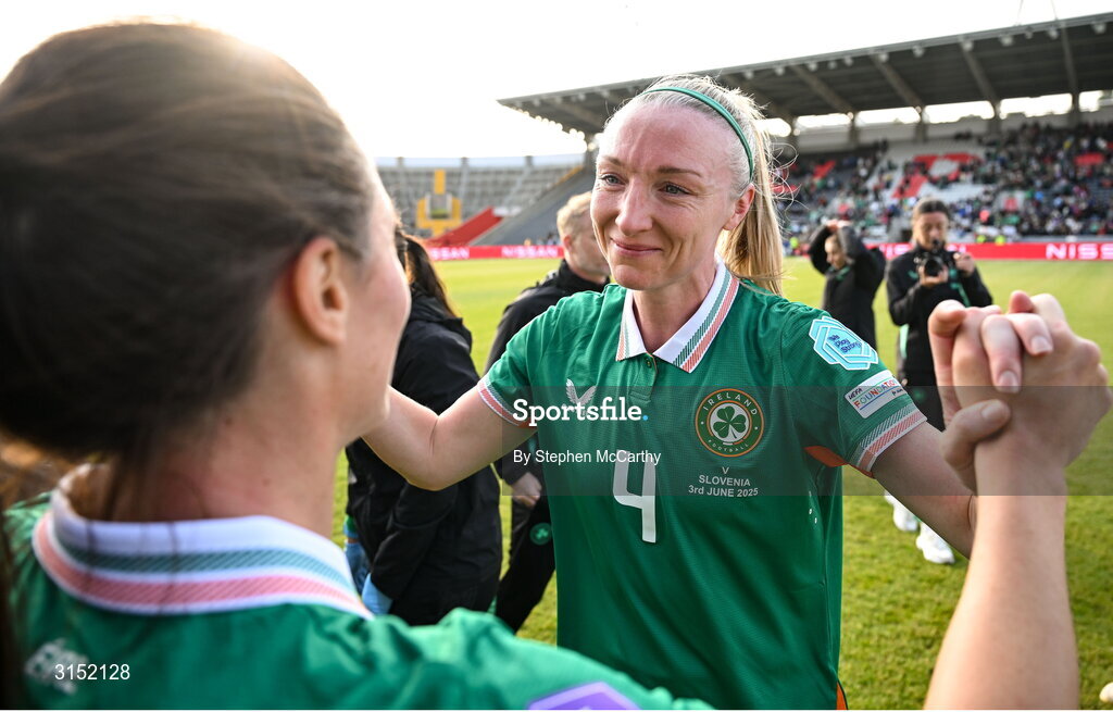 3 June 2025; Louise Quinn of Republic of Ireland with teammate Megan Campbell, on the occasion of her last international game, after the UEFA Women's Nations League, League B match between Republic of Ireland and Slovenia at Páirc Uí Chaoimh in Cork.