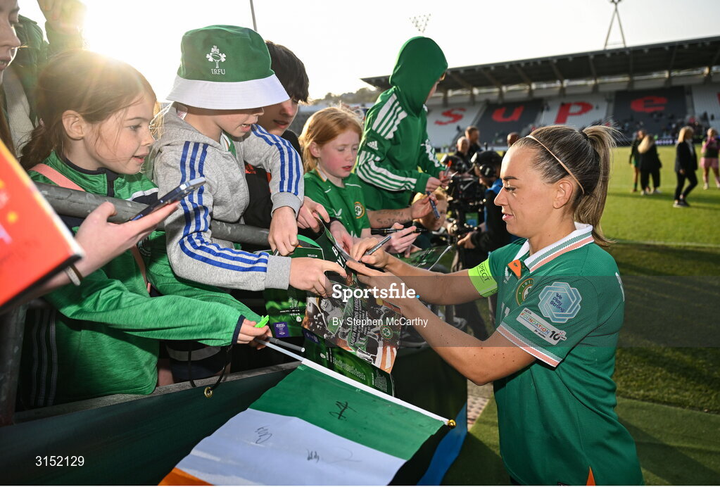3 June 2025; Republic of Ireland captain Katie McCabe with supporters after the UEFA Women's Nations League, League B match between Republic of Ireland and Slovenia at Páirc Uí Chaoimh in Cork. Photo by Stephen McCarthy/Sportsfile
