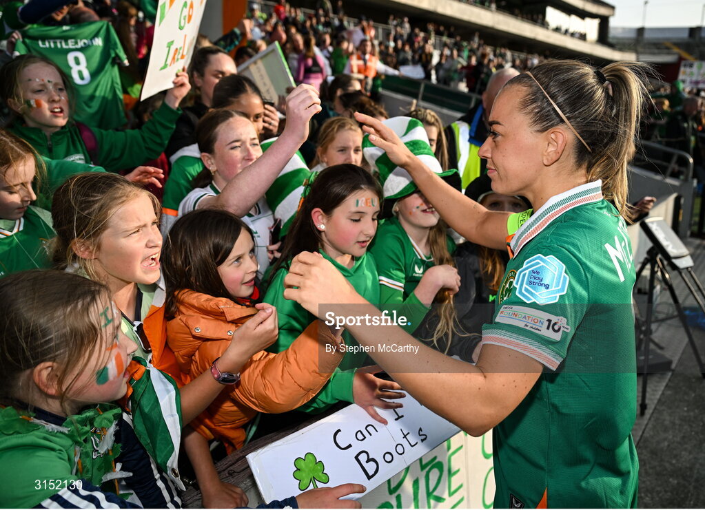 3 June 2025; Republic of Ireland captain Katie McCabe with supporters after the UEFA Women's Nations League, League B match between Republic of Ireland and Slovenia at Páirc Uí Chaoimh in Cork. Photo by Stephen McCarthy/Sportsfile