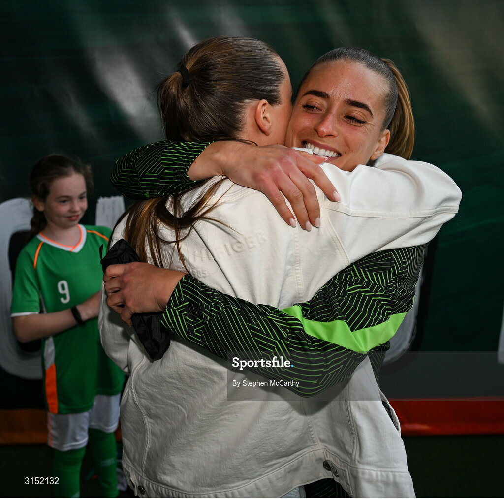 3 June 2025; Chloe Mustaki of Republic of Ireland, right, and former teammate Clare Shine during the UEFA Women's Nations League, League B match between Republic of Ireland and Slovenia at Páirc Uí Chaoimh in Cork. Photo by Stephen McCarthy/Sportsfile