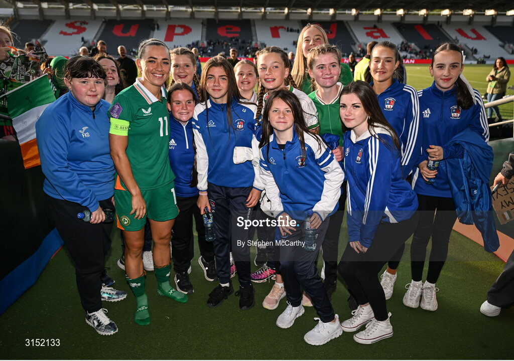 3 June 2025; Republic of Ireland captain Katie McCabe with ballgirls from Wilton United after the UEFA Women's Nations League, League B match between Republic of Ireland and Slovenia at Páirc Uí Chaoimh in Cork. Photo by Stephen McCarthy/Sportsfile