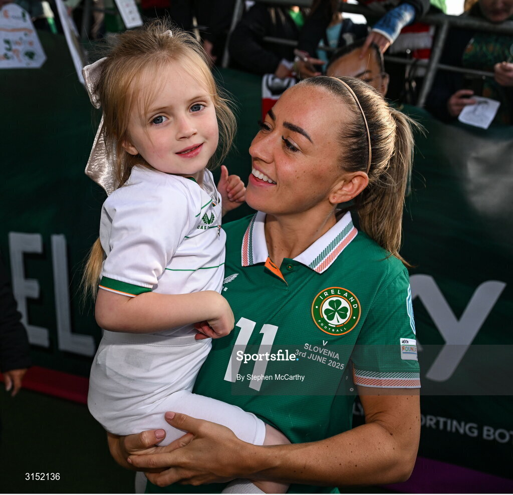 3 June 2025; Republic of Ireland captain Katie McCabe with Darcy Murphy, age 5, from Ballyphehane in Cork, after the UEFA Women's Nations League, League B match between Republic of Ireland and Slovenia at Páirc Uí Chaoimh in Cork. Photo by Stephen McCarthy/Sportsfile