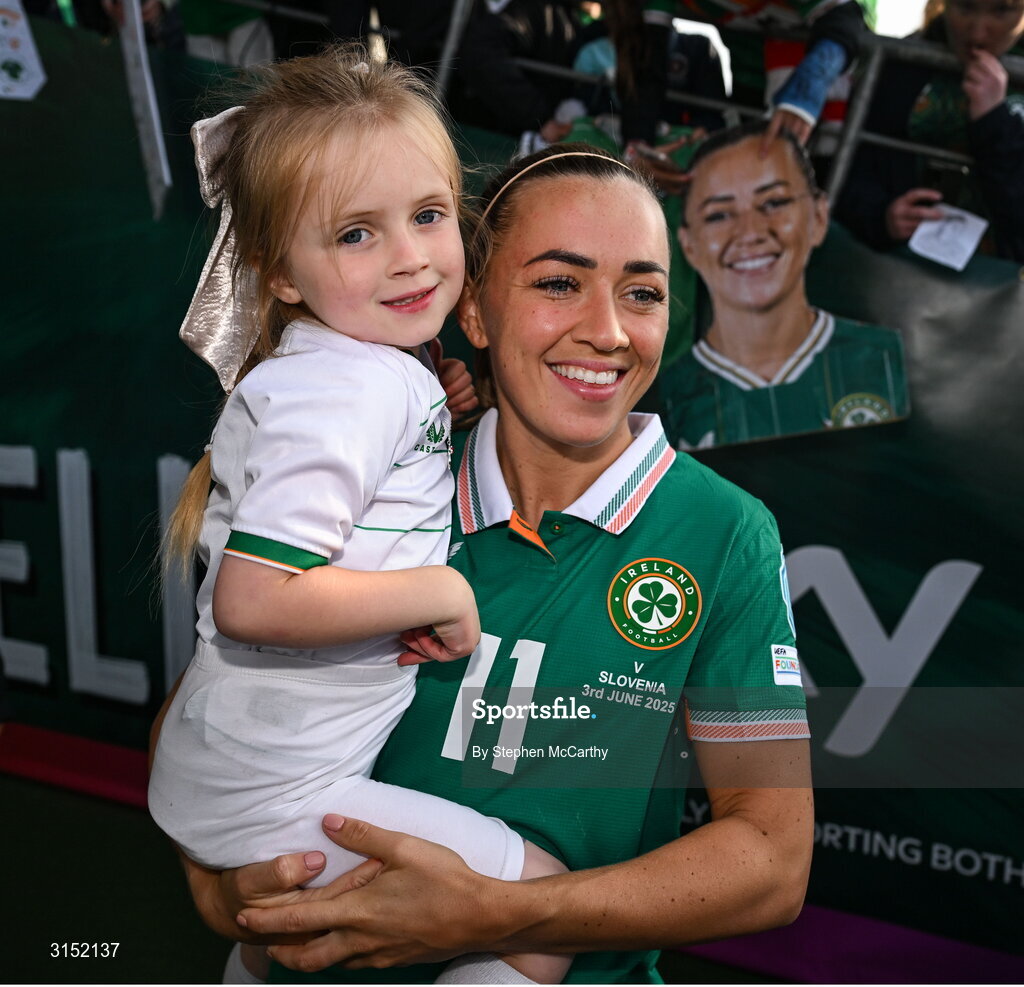 3 June 2025; Republic of Ireland captain Katie McCabe with Darcy Murphy, age 5, from Ballyphehane in Cork, after the UEFA Women's Nations League, League B match between Republic of Ireland and Slovenia at Páirc Uí Chaoimh in Cork. Photo by Stephen McCarthy/Sportsfile