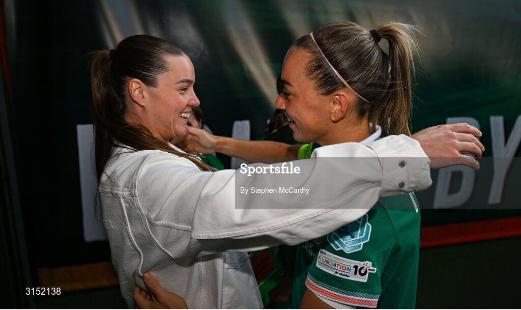 3 June 2025; Republic of Ireland captain Katie McCabe, right, and former teammate Clare Shine after the UEFA Women's Nations League, League B match between Republic of Ireland and Slovenia at Páirc Uí Chaoimh in Cork. Photo by Stephen McCarthy/Sportsfile