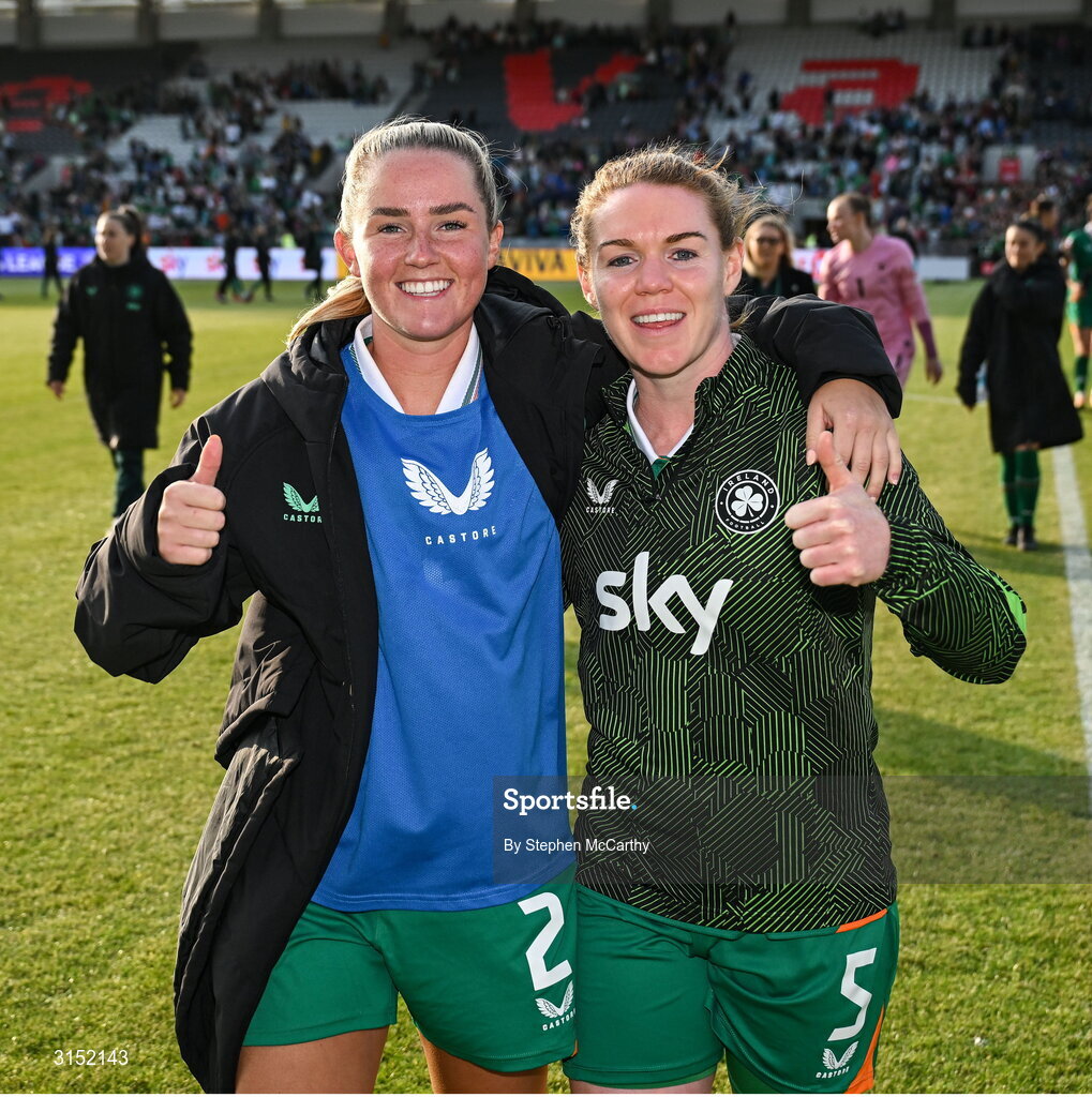 3 June 2025; Jessie Stapleton, left, and Aoife Mannion of Republic of Ireland after the UEFA Women's Nations League, League B match between Republic of Ireland and Slovenia at Páirc Uí Chaoimh in Cork. Photo by Stephen McCarthy/Sportsfile