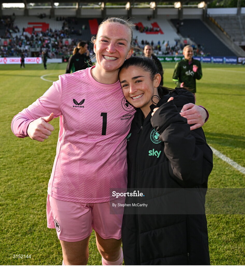 3 June 2025; Republic of Ireland goalkeeper Courtney Brosnan, left, and teammate Marissa Sheva after the UEFA Women's Nations League, League B match between Republic of Ireland and Slovenia at Páirc Uí Chaoimh in Cork. Photo by Stephen McCarthy/Sportsfile