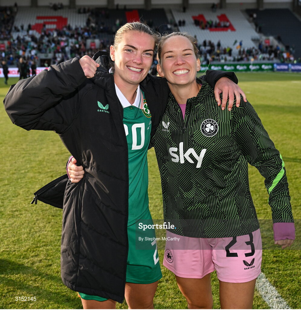 3 June 2025; Saoirse Noonan, left, and Sophie Whitehouse of Republic of Ireland after the UEFA Women's Nations League, League B match between Republic of Ireland and Slovenia at Páirc Uí Chaoimh in Cork. Photo by Stephen McCarthy/Sportsfile