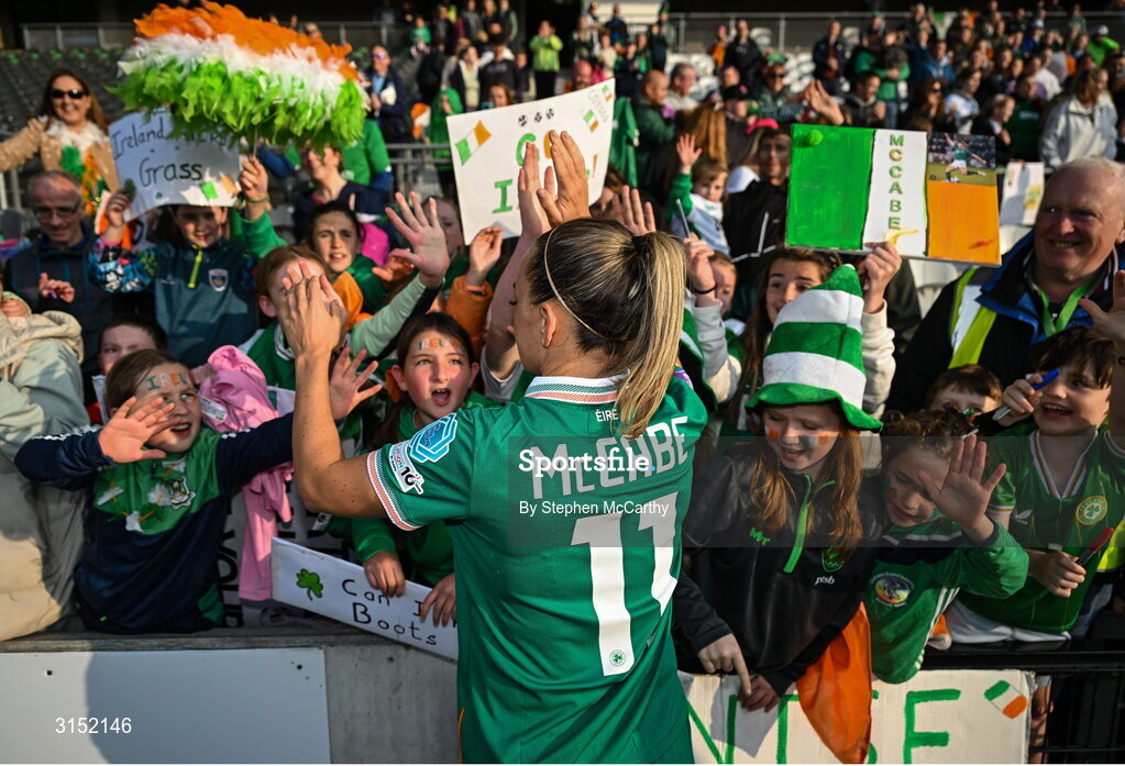 3 June 2025; Republic of Ireland captain Katie McCabe with supporters after the UEFA Women's Nations League, League B match between Republic of Ireland and Slovenia at Páirc Uí Chaoimh in Cork. Photo by Stephen McCarthy/Sportsfile