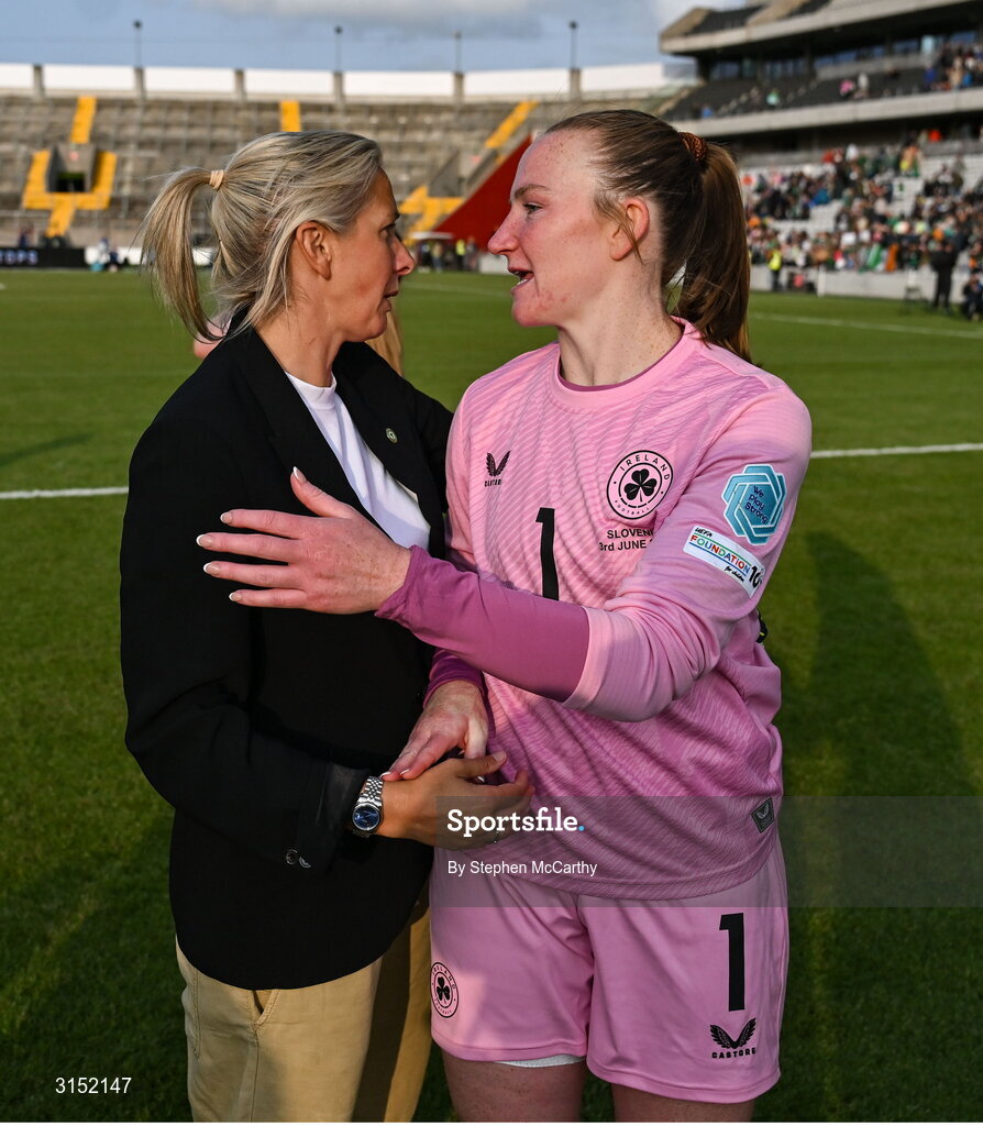 3 June 2025; Republic of Ireland head coach Carla Ward, left, and Republic of Ireland goalkeeper Courtney Brosnan after the UEFA Women's Nations League, League B match between Republic of Ireland and Slovenia at Páirc Uí Chaoimh in Cork. Photo by Stephen McCarthy/Sportsfile