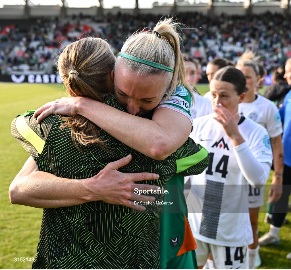 3 June 2025; Louise Quinn of Republic of Ireland, right, and teammate Ruesha Littlejohn after the UEFA Women's Nations League, League B match between Republic of Ireland and Slovenia at Páirc Uí Chaoimh in Cork. Photo by Stephen McCarthy/Sportsfile