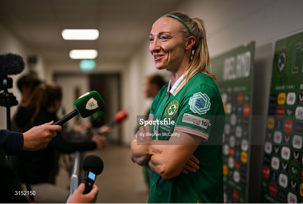 3 June 2025; Louise Quinn of Republic of Ireland is interviewed by the media after the UEFA Women's Nations League, League B match between Republic of Ireland and Slovenia at Páirc Uí Chaoimh in Cork. Photo by Stephen McCarthy/Sportsfile
