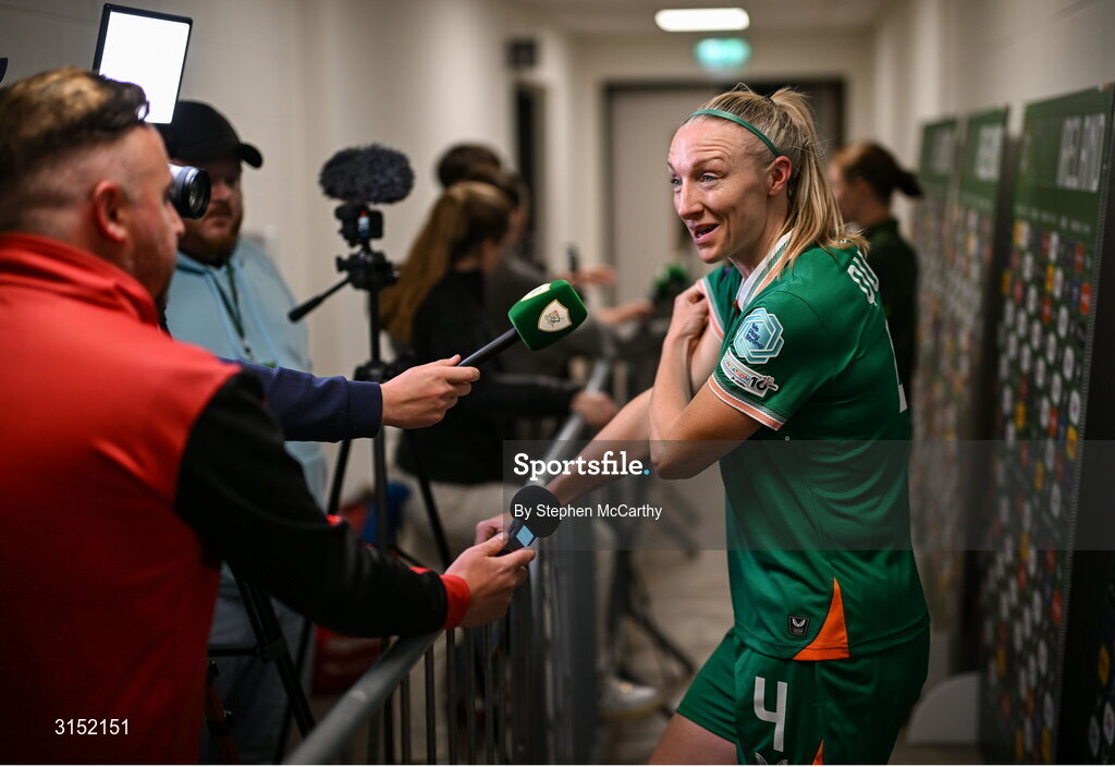 3 June 2025; Louise Quinn of Republic of Ireland is interviewed by the media after the UEFA Women's Nations League, League B match between Republic of Ireland and Slovenia at Páirc Uí Chaoimh in Cork. Photo by Stephen McCarthy/Sportsfile