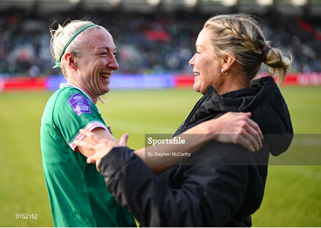 3 June 2025; An emotional Louise Quinn of Republic of Ireland, left, on the occasion of her last international game, with goalkeeping coach Emma Byrne after the UEFA Women's Nations League, League B match between Republic of Ireland and Slovenia at Páirc Uí Chaoimh in Cork. Photo by Stephen McCarthy/Sportsfile