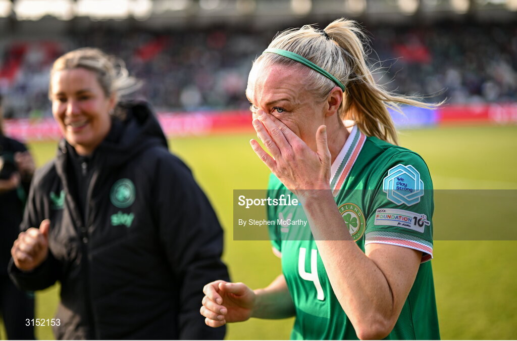 3 June 2025; An emotional Louise Quinn of Republic of Ireland, on the occasion of her last international game, after the UEFA Women's Nations League, League B match between Republic of Ireland and Slovenia at Páirc Uí Chaoimh in Cork. Photo by Stephen McCarthy/Sportsfile