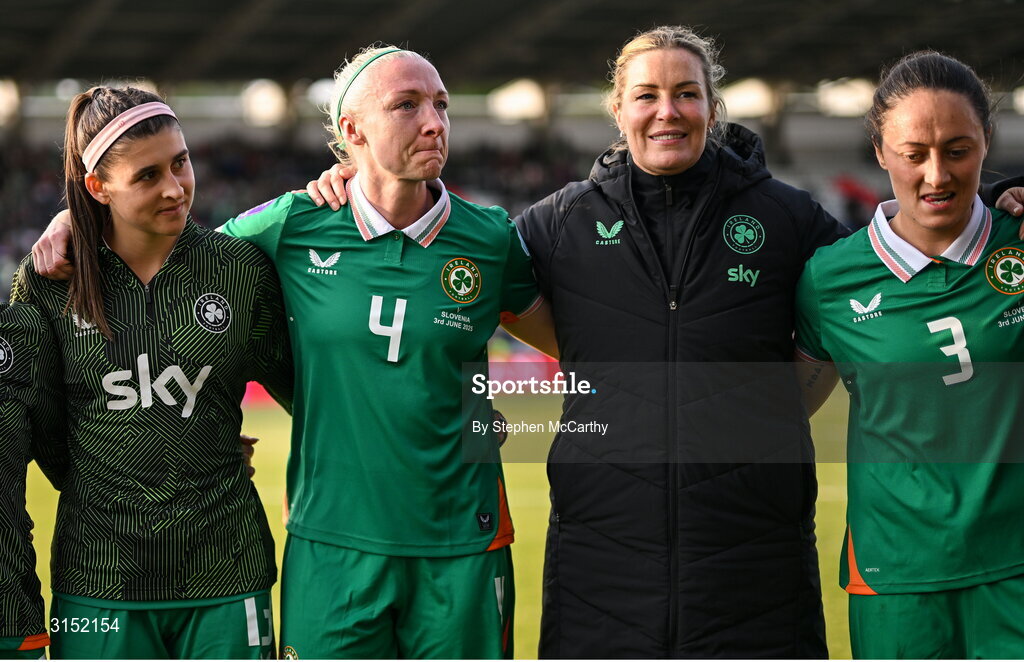 3 June 2025; Louise Quinn of Republic of Ireland, on the occasion of her last international game, with teammates Erin Healy, left, goalkeeping coach Emma Byrne and Megan Campbell, after the UEFA Women's Nations League, League B match between Republic of Ireland and Slovenia at Páirc Uí Chaoimh in Cork. Photo by Stephen McCarthy/Sportsfile