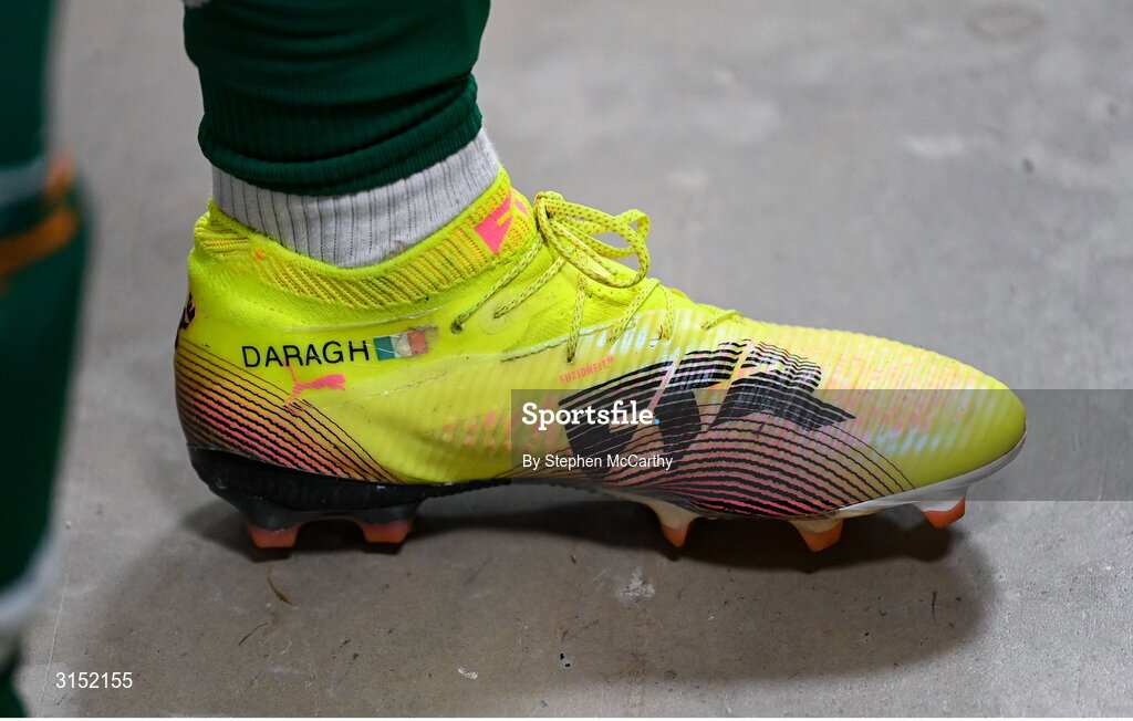 3 June 2025; Louise Quinn of Republic of Ireland, with her son's name on her boots on the occasion of her last international game, after the UEFA Women's Nations League, League B match between Republic of Ireland and Slovenia at Páirc Uí Chaoimh in Cork. Photo by Stephen McCarthy/Sportsfile